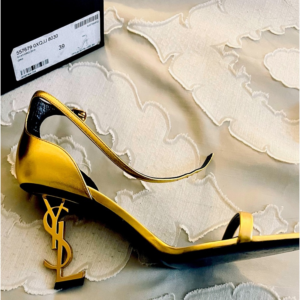 Gold Opyum YSL logo heel with gold hardware
